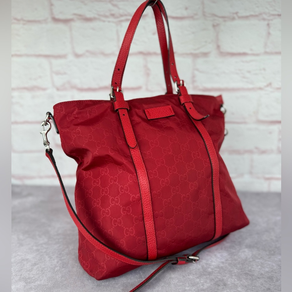 Gucci Nylon Red GG Dollar Calfskin 2 Way Tote